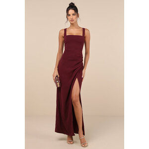 Lulus Glamorous Disposition Burgundy Ruched Maxi Dress Red - Size L